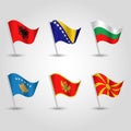 Vector set waving flags balkan peninsula on silver pole - icon of states southeastern europe - albania, bosnia and herzegovina