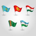Vector set of waving flags central asia - icon of states kazakhstan, kyrgystan, tajikistan, uzbekistan, Royalty Free Stock Photo