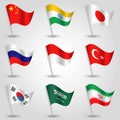 Vector set of waving flags countries largest economies on silver pole - icon of states china, india, japan, russia, indonesia