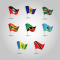 Vector set waving flags lesser antilles on silver pole - icon of states antigua and barbuda, barbados, dominica, grenada, saint