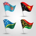 Vector set waving flags melanesia on silver pole - icon of states fiji, papua new guinea, soloman islands, vanuatu