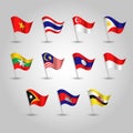 Vector set waving flags southeast asia on silver pole - icon of states brunei, cambodia, east timor, indonesia, laos, malaysia Royalty Free Stock Photo