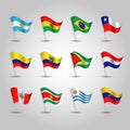 Vector set waving flags southern america on silver pole - icon of states argentina, bolivia, brazil, chile, colombia, ecuador,