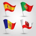 Vector set of waving flags southwestern europe silver pole - icon of states spain, portugal, andorra and gibraltar