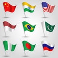 Vector set waving flags of states with biggest population on silver pole - icon of country china, india, united states of