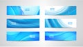 Vector set of wavy banners, blue wave web headers. Water vibrant abstract background, horizontal orientation