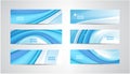 Vector set of wavy banners, blue wave web headers. Water vibrant abstract background, horizontal orientation