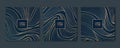 Vector set of wavy luxury line cards, golden dynamic square backgrounds, posts, design template. Ocean, stream. Art deco