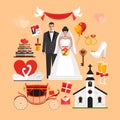 Vector set of wedding ceremony objects. Design elements and icons in flat style