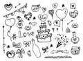 Vector set for wedding. hand-drawn elements for romance and love in the doodle style of cake, champagne bottle, hearts, flags, Royalty Free Stock Photo