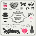 Vector set of wedding icons and elements for the invitations, banners and signs :arrows, hearts, wreaths, ribbons, labels