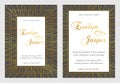 Vector set of wedding invitations. On a dark black gray background with gold lines, stripes, guides. In a decorative rectangle Royalty Free Stock Photo