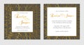 Vector set of wedding invitations. On a dark black gray background with gold lines, stripes, guides. In a decorative square frame Royalty Free Stock Photo