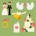 Vector set on wedding theme. Bride and groom wedding cake postcard bell rings doves. Vector illustration. Design element