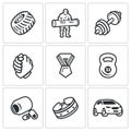 Vector Set of Weightlifting Show Icons. Wheel, Athlete, Barbell, Arm wrestling, Award, Kettlebell, Protein, Belt, Car.