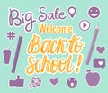 Vector Set Welcome Back To School, Big Sale hand Lettering with icons. Children`s design in modern colors. Royalty Free Stock Photo
