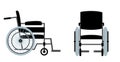 Vector set of wheelchair for disabled person, front, side view. Transport chair for disabled, sick, or injured, medical