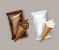 Vector Set of White Classic and Chocolate Soft Serve Ice Cream Waffle Cone with Plastic Wrapper on Background Royalty Free Stock Photo