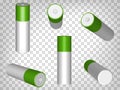 Vector Set of White with green Glossy Alkaline Batteries Of size AA, for branding Close up Isolated on transparent background.