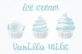 Vector Set of white ice cream with vanilla. milk of different shapes in a cup on transparent background lettering hand made text Royalty Free Stock Photo