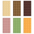 Vector set of white, milk, dark, pink, green, yellow chocolate bars isolated on white background.