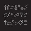 Vector set of white outline candy icons on black background. Can