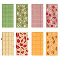 Vector set of white, pink, green, yellow chocolate bars with nuts and dried fruits isolated on white background.