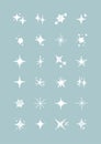 Vector set of white sparkles. Collection of star sparkles symbol. Design on light blue background. Royalty Free Stock Photo