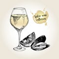 Vector set of white wine collection. Engraved vintage style. Glass, mussel and lime. Isolated on grunge background.