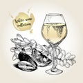 Vector set of white wine collection. Engraved vintage style. Glass, mussel, lime and sultana grape.