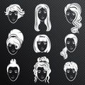 Vector set of white women avatar hairstyles stylized logo set. Female hair style icons emblem on the alpha