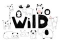 Vector set of wild animals. Drawings by hand. Cartoon zoo. 10 objects, inscription.