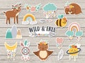 Vector set of wild and free stickers. Collection of cute characters and objects with ethnic nature concept. Funny animals, rainbow