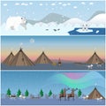 Vector set of wild north landscape posters in flat style. Royalty Free Stock Photo