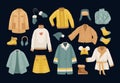 The vector set of winter clothes. Coats, hats, gloves, shoes and socks Royalty Free Stock Photo