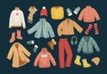 The vector set of winter clothes. Coats, hats, gloves, shoes and socks Royalty Free Stock Photo