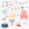 Vector set of winter hygge elements. Isolated on white background. Scandinavian style. Cozy home things. Sleeping cat, soft chair