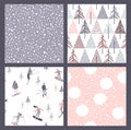 Vector set of winter seamless patterns with snow, skiers and snowboarders. Trendy hand drawn texture. Design for textile