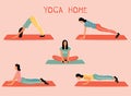 Vector set with woman doing yoga at home.