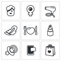 Vector Set of Woman and her habits Icons. Female, symbol of Venus mirror, hair dryer, feminine pad, heartbreaker