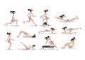 Vector set of women doing physical exercises.