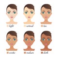 Vector set of 6 women faces with skin tone from light to dark sk