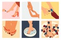 Vector set with Women feet with pedicure nails.