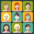 Vector set of women icons with different cosmetic treatment facial masks in flat style.Female faces or heads collection.