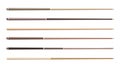 Vector set of wooden billiard cues. Realistic Snooker sports equipment. Vintage pool cue. Active recreation and entertainment.
