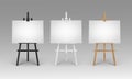 Vector Set of Wooden Brown Black White Sienna Easels with Mock Up Empty Blank Horizontal Canvases Isolated on Background Royalty Free Stock Photo