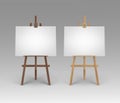 Vector Set of Wooden Brown Sienna Easels with Mock Up Empty Blank Horizontal Canvases on Background Royalty Free Stock Photo