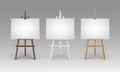 Vector Set of Wooden Brown White Sienna Easels with Mock Up Empty Blank Horizontal Canvases Isolated on Background Royalty Free Stock Photo