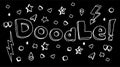 Vector set of word DOODLE and simple elements asterisks, circles, squares, zippers, quotes, exclamation mark, hearts, star, hand-