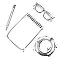 Vector set of working tools: notebook, pen, glasses, cup of coffee. Royalty Free Stock Photo